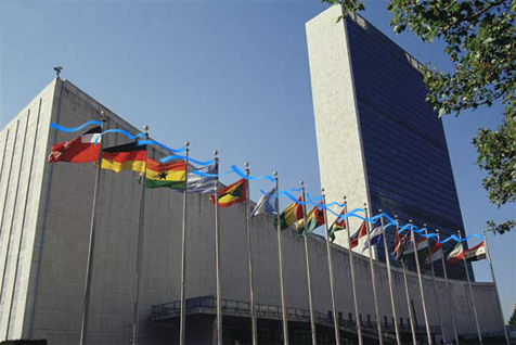 Photo of the United Nations building in NYC - image manipulated adding Bluecoup ribbons