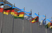 Manipulated photo of blue ribbon flown at the tops of the United Nations flags